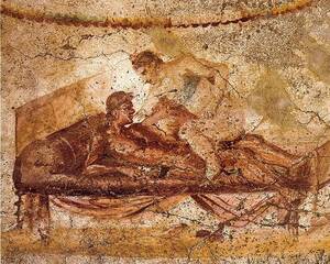 Ancient Roman Porn Frescos - Ancient Romans were very fond of decorating the walls of their brothels  with erotic art, though it is not universally agreed upon whether the  frescoes were to arouse the customers or were