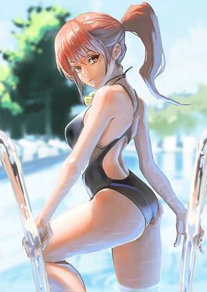 japanese anime swimsuit hentai - original aro (charged time out) brown eyes brown hair competition swimsuit  face long hair looking at viewer looking back mizugi naughty face one-piece  ...