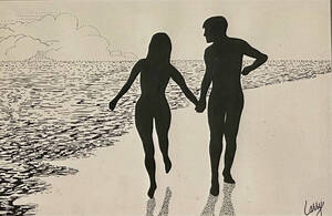 hippie nudist couples nude - Kitsch Original Ink Gouache 60s 70s Naked Hippie Couple On The Beach b â€“  Palm Beach Eclectic
