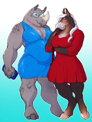 Female Rhino Furry Porn - 11363 - character needed, safe, artist:cosmicdanger, oc, oc:derora, donkey,  equine, horse, hybrid, mammal, mule, rhino, anthro, unguligrade anthro,  amber eyes, big breasts, breasts, cleavage, clothes, dress, duo, eyes  closed, fat, female, female/female