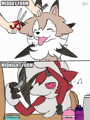 Furry Feral 2016 - 100600 - safe, artist:winick-lim, fictional species, human, lycanroc,  mammal, midday lycanroc, midnight lycanroc, feral, nintendo, pokÃ©mon, 2016,  black nose, claws, comic, digital art, ears, eyes closed, fluff, fur,  grooming, hair, male, neck