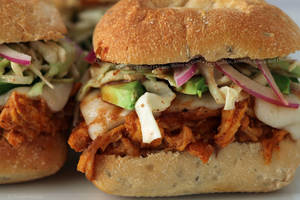 Goat Chicken Porn - Chipotle BBQ Smoked Pulled Chicken Sliders with Goat's Milk Cheddar,  Avocado, Slaw and Red