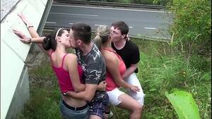 chubby public cum - Cum on a chubby girl with big tits in extreme public foursome sex by a  highway - XVIDEOS.COM