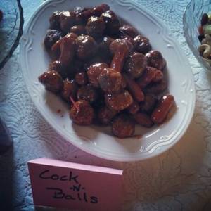 asian food cock - Saucy meatballs and cocktail sausages make fun food for an adult toy party.  Cock n Balls!