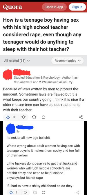 horny teen boy - Quora's take on if teenage boys can be r*ped by the their teacher... :  r/insanepeoplefacebook