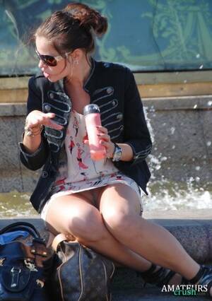 juicy panties upskirt voyeur - accidental upskirt of amateur sitting at a fountain eating