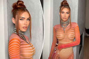Megan Fox Big Tits Cartoon Porn - Megan Fox pairs pasties with completely see-through optical illusion gown