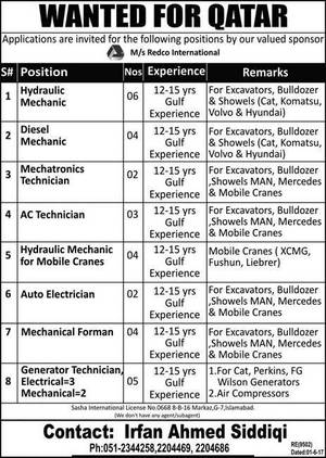 Diesel Mechanic Girl Porn - Redco International Pakistan Jobs 2017 In Qatar For Hydraulic Mechanic, Diesel  Mechanic And AC Technician - Jobs Fanda