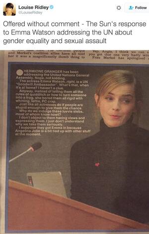 Emma Watson Porn Captions Slave - Offered without comment - The Sun's response to Emma Watson addressing the  UN about gender equality and sexual assault : r/ukpolitics