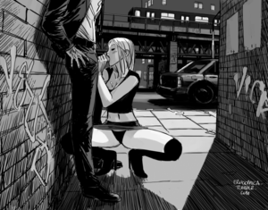 Dressed Alley Blowjob - Rule 34 - alley au (artist) black and white blowjob clothed cum cum on  breasts faceless male graffiti high heel boots navel oral panties public  skirt squatting thighs | 5667892