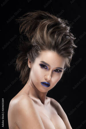 asian with big lips nude - Portrait of a beautiful big breast asian naked shoulders, vanguard  conceptual hairstyle and aggressive blue lips makeup girl Stock Photo |  Adobe Stock