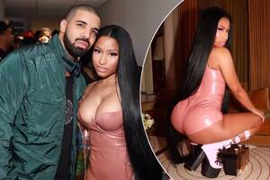 big booty shemale nicki minaj - Nicki Minaj exposes boobs and bum in tiny pink latex bodysuit before posing  with Drake - Irish Mirror Online