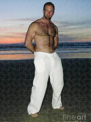 hairy nudist beach mom - Masculine hairy chested man stands on the beach at sunset Jigsaw Puzzle by  Gunther Allen - Pixels