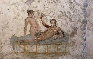 Ancient Roman Porn Frescos - Ancient Romans were very fond of decorating the walls of their brothels  with erotic art, though it is not universally agreed upon whether the  frescoes were to arouse the customers or were