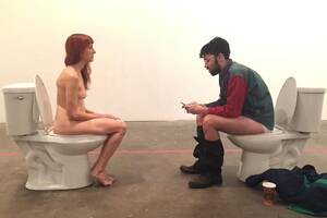 naked toilet - Artist strips down on a toilet, welcoming amused visitors