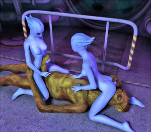Blue Alien Girl - Charming blue alien girls having a threesome with a green monster |  Porncraft 3d