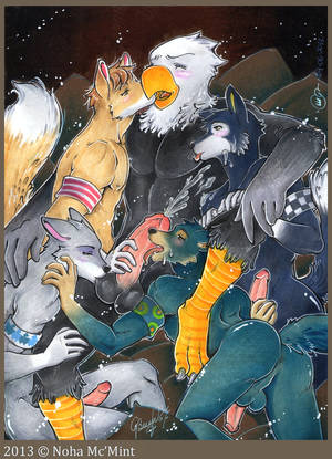 furry sex orgy - 2013 animal_crossing apollo avian balls beak canine chief_(animal_crossing)  cum cumshot eagle fangs furry