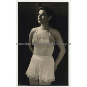 1950s Vintage Satin Panty - Brunette Model In Satin Underwear / Lingerie (Vintage Fashion Photo B/W  1940s/1950s)