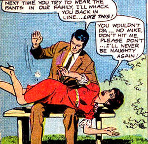 50s Bdsm - Man sitting on bench with woman across his knees, spanking her.