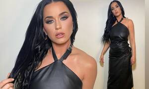 Leather Katy Perry Porn - Katy Perry oozes sex appeal in a curve-clinging black leather dress and  smokey eyeliner | Daily Mail Online