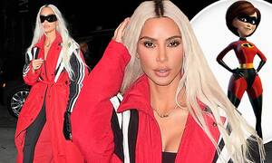 Mrs.incredibles Porn Fat Ass Cartoon - Kim Kardashian takes fashion cue from Elastigirl as she steps out in long  red coat and black shades | Daily Mail Online