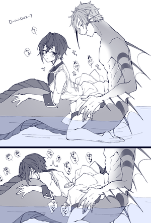 Eel Gay Porn - Rule 34 - anal blush clothed dialogue eel femboy fins floyd leech gay gills  hand on thigh in water interspecies long tail looking back lying down lying  on person male/male male penetrating