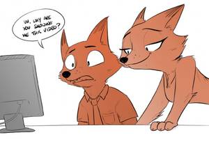 Anthro Vixen Porn - e621 anthro canine clothed clothing computer dialogue disney duo  english_text female fox fur half-closed_eyes
