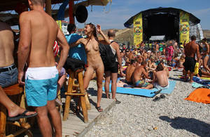 drunk naked beach bar - Naked nudist babe drinks some tekila at public beach bar. 20 photos
