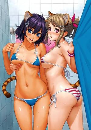 hot naked beach babes animated - Two sexy cat girl in the shower. The black haired neko girl in a blue