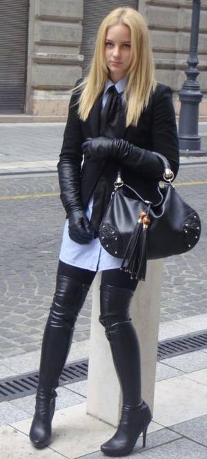 Leather Boots And Gloves - Nice street style - thigh high leather boots and elbow length leather glove