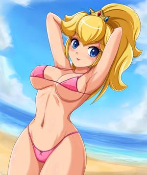 Mario Peaches Pussy Porn - arms_behind_head blue_eyes blush breasts crown curvy erect_nipples female  large_breasts mario_(series) nintendo nipples nude ponytail princess_peach  pussy ...
