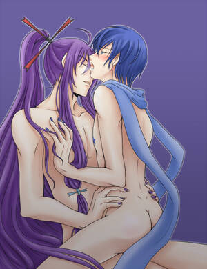 gakupo hentai sex - pepero, kaito (vocaloid), kamui gakupo, vocaloid, 2boys, anal, blue eyes,  blue hair, blush, closed eyes, long hair, male focus, multiple boys, nail  polish, nude, ponytail, purple hair, riding, scarf, short hair, yaoi -