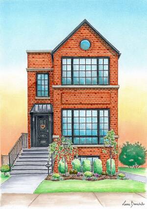 House Porn Drawings - This is my hand drawn illustration of a brick Chicago 2-flat-type property!  I loved drawing this beautiful house and I really enjoyed using vibrant and  happy colors in this art! What do