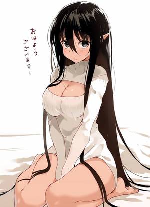anime sitting nude - barefoot bed sheet black eyes black hair blush bottomless breasts cleavage  elf long hair looking at viewer naked sweater nauribon open-chest sweater  ...