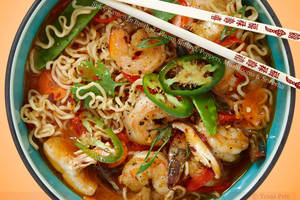 food plump porn - Spicy Ramen in Broth with Plump Shrimp, Peppers, Mushrooms and Sriracha