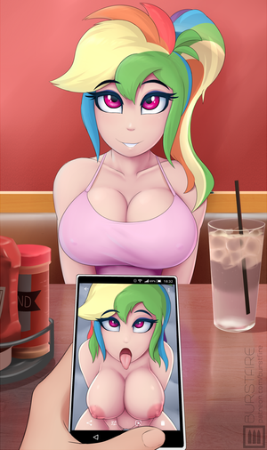 Big Titty Rainbow Dash - 1767683 - explicit, artist:burstfire, rainbow dash, human, ahegao, big  breasts, breasts, busty rainbow dash, cellphone, cleavage, clopfic in the  comments, clothes, cup, eyeshadow, female, humanized, looking at you,  looking up, looking up