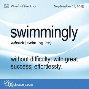 English 1700s - Origin: English, early the adverbial form of swimming meaning \