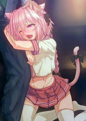 Anime Traps Skirt Porn - ... fang fate/apocrypha fate_(series) one_eye_closed petting pink_hair  purple_eyes rider_of_black short_hair skirt tail thighhighs thighs trap  white_legwear