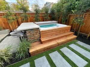 homemade back yard hot tub porn - Want a hot tub but not sure how to blend it into your outdoor living space?  Here's an idea that we came up with that just completed construction. No  ugly outer shell