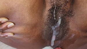 Ebony Hairy Pussy Cummed - Black hairy MILF lets white cock cum over her wet ebony pussy - Pussy.org