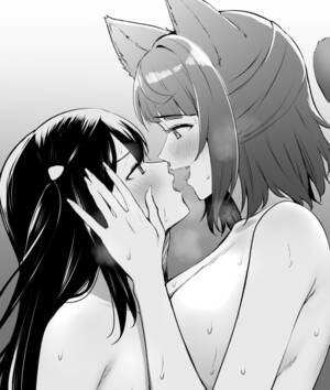 black kissing white tits - Rule 34 - 2girls animal ears asymmetrical bangs bangs bare shoulders beast  black hair blush breast press breasts completely nude fangs french kiss  grabbing hair between eyes hair ornament highres kissing kitaku
