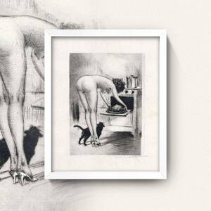naked beach vintage - Nude in the Kitchen Print Vintage Kitchen Erotica 3 Sizes RisquÃ© Cook  Bending Over a Hot Oven in Sexy High Heels With a Black Cat - Etsy
