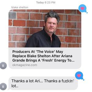 Get Ariana Grande Porn Captions - The Voice: See Blake Shelton's Salty Text to Ariana Grande