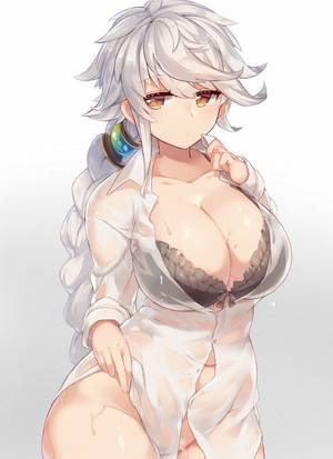 anime huge breasts and ass - alternate costume asymmetrical hair black bra blouse blush bottomless bra  braid breasts brown eyes cleavage curvy gradient gradient background grey  ...