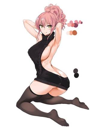 hentai huge breasts in sweaters - aran sweater armpits arms behind head arms up ass backless outfit bare back  black legwear blush breasts butt crack dress full body hair ribbon  halterneck ...