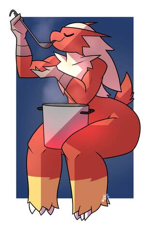 Bird Furry Blaziken - 71750 - safe, artist:potoobrigham, bird, blaziken, fictional species,  anthro, nintendo, pokÃ©mon, 2021, big butt, blonde hair, border, butt, chest  fluff, colored sclera, cooking, cooking pot, eyes closed, female, fluff, fur,  hair, hand