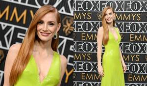 Jessica Chastain Porn Star - Jessica Chastain in Lime Green Gucci Dress at the 2023 Emmys