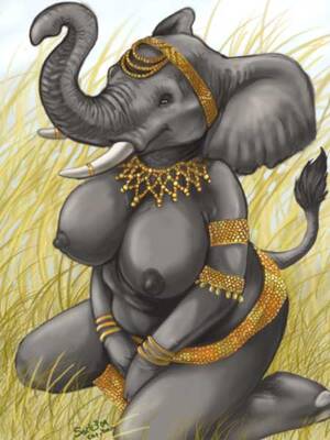 elephant tits - Rule 34 - 1girls anthro big breasts breasts caribou (artist) elephant  female female only grass grey body jewelry kneeling mammal nipples nude  solo thick thighs tribal tusks western art | 1615803