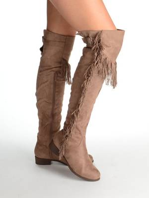 Flat Boots - JENI Over The Knee Flat Suede Fringed Boot with Buckle Detail