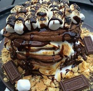 chocolate - Double Chocolatey Chocolate Chip Fudge S'mores Pancakes with Roasted  Marshmallows, Crushed Graham Crackers and Fudge Sauce on Top!